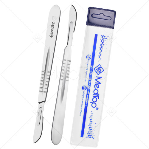 Scalpel Handle No. 4 with 10x #22 Surgical Blades – Stainless Steel Handle & Sterile Carbon Blades by Meditop